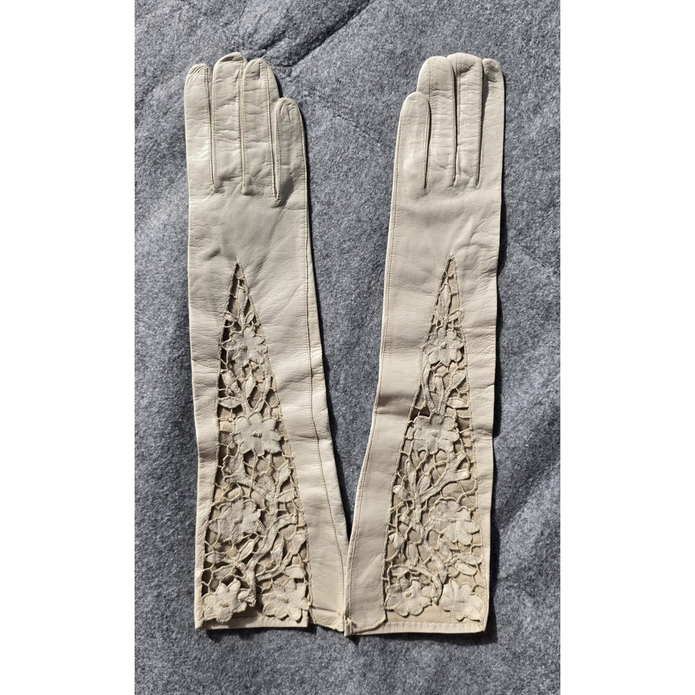 Vintage Kid Leather Gloves Floral Lattice Cut-Out Italian 50s Opera Bridal NWOT